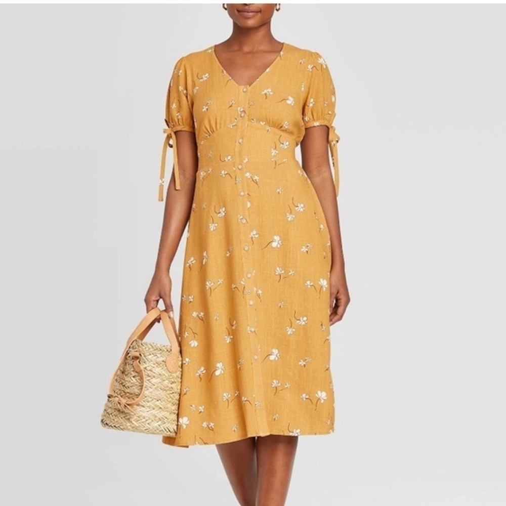 Universal Thread Yellow Gold Puff Sleeve Midi Dress - Picture 1 of 10